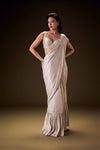 Frosted Ivory Satin Ruffled Ready Pleated Saree