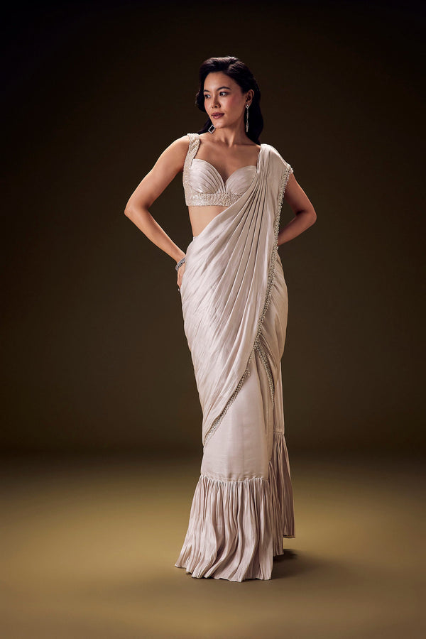 Frosted Ivory Satin Ruffled Ready Pleated Saree