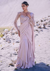 Beige Satin Pre Draped Saree With Embroidered Corset Blouse