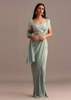 Blue Ready Pleated Saree With Embroidered Blouse