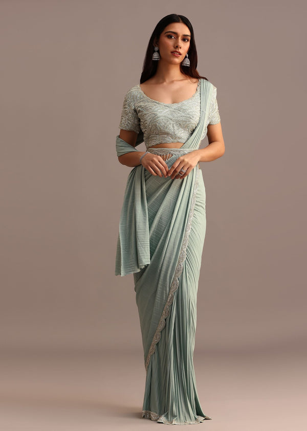 Blue Ready Pleated Saree With Embroidered Blouse