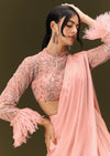Baby Pink Ready To Wear Satin Saree With High Neck Full Sleeve Blouse