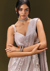 Silver Sequin Stone Embroidered Readymade Saree With Ruched Blouse