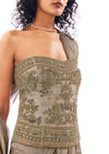 Beige Pre Draped Saree With Zardosi Corset Blouse