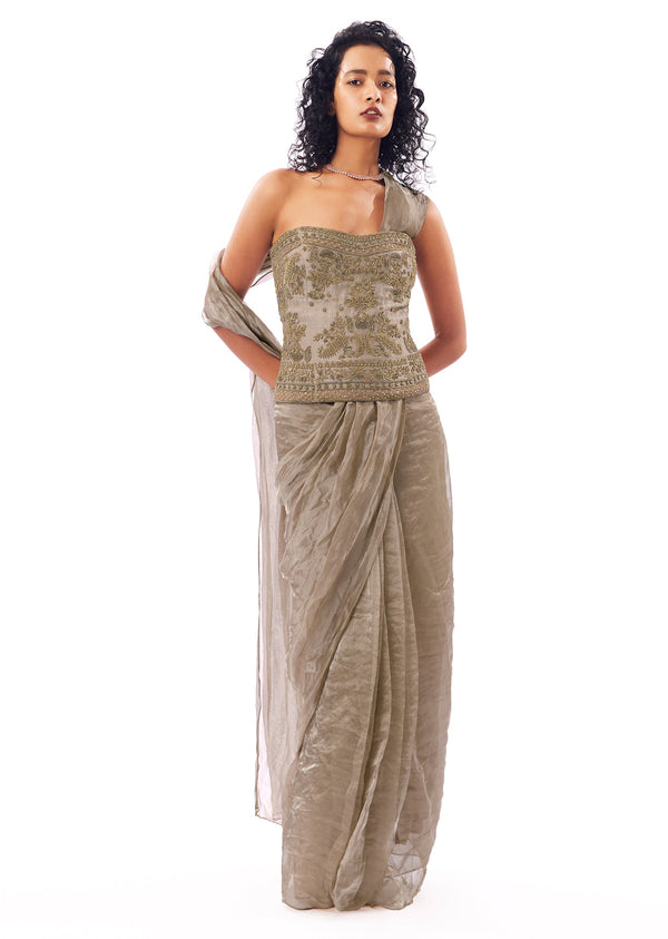 Beige Pre Draped Saree With Zardosi Corset Blouse