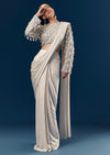 Silver Ready Pleated Indo Western Saree With Pearl And Cut Dana Embellished Full Sleeve Blouse