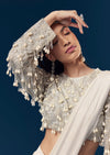 Silver Ready Pleated Indo Western Saree With Pearl And Cut Dana Embellished Full Sleeve Blouse