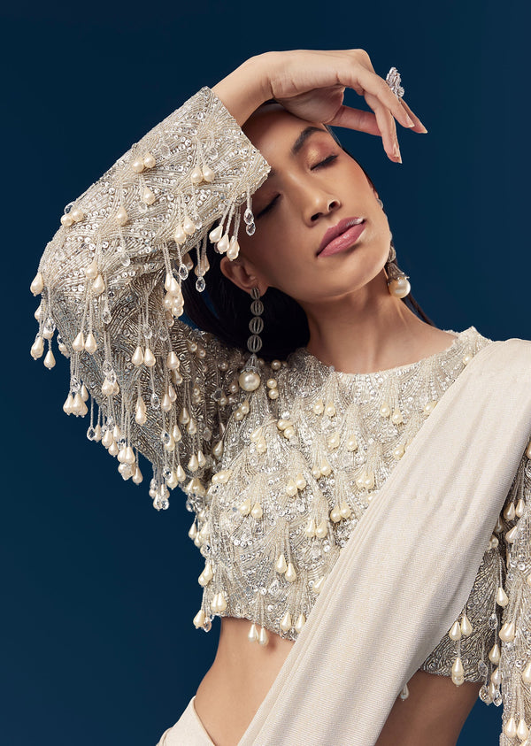 Silver Ready Pleated Indo Western Saree With Pearl And Cut Dana Embellished Full Sleeve Blouse
