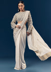 Silver Ready Pleated Indo Western Saree With Pearl And Cut Dana Embellished Full Sleeve Blouse