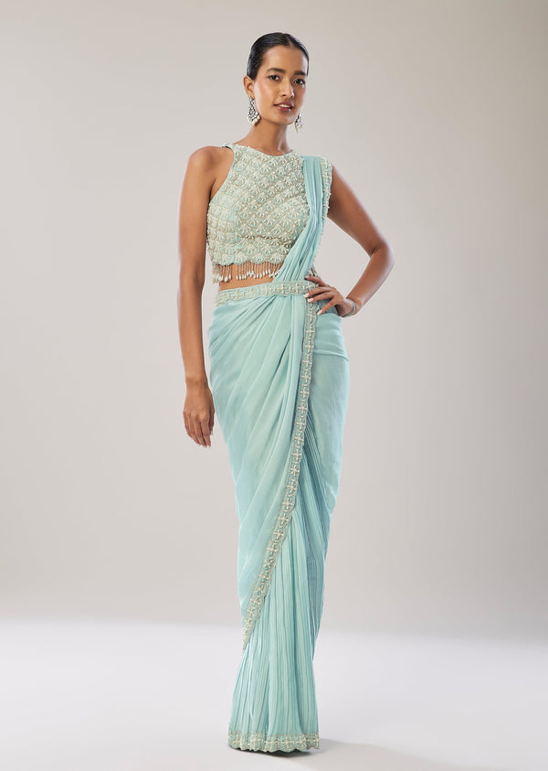 Sky Blue Ready Pleated Saree With Belt