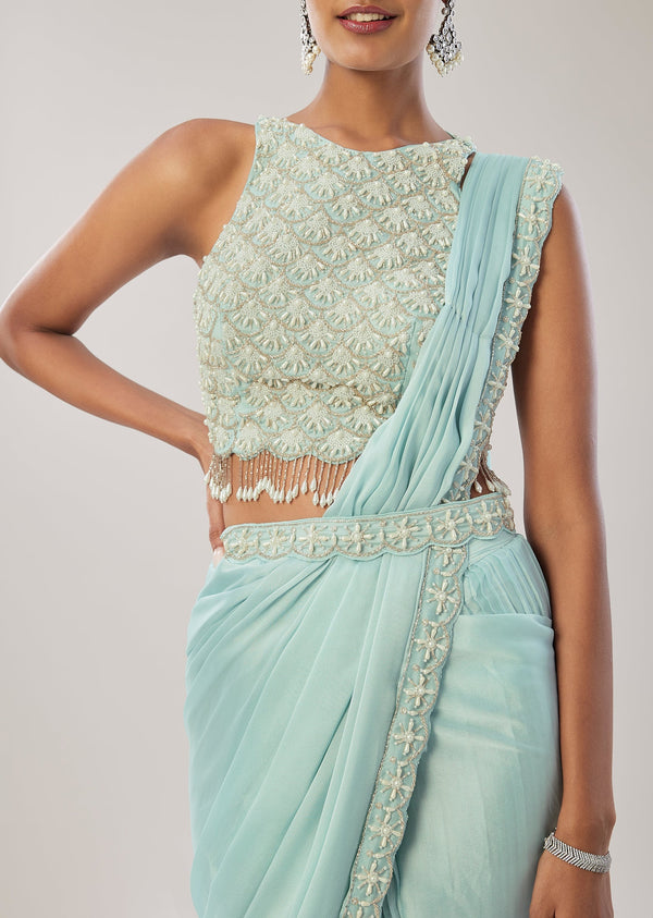 Sky Blue Ready Pleated Saree With Belt
