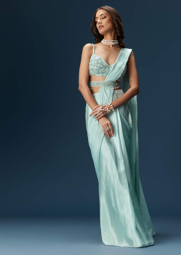 Sky Blue Ready Pleated Saree With Blouse And Belt