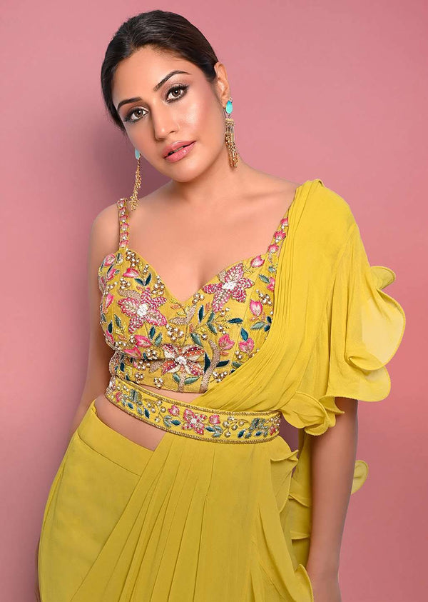 Citrus Ready To Wear Ruffle Saree With Multi-Color Floral Hand Embroidered Blouse