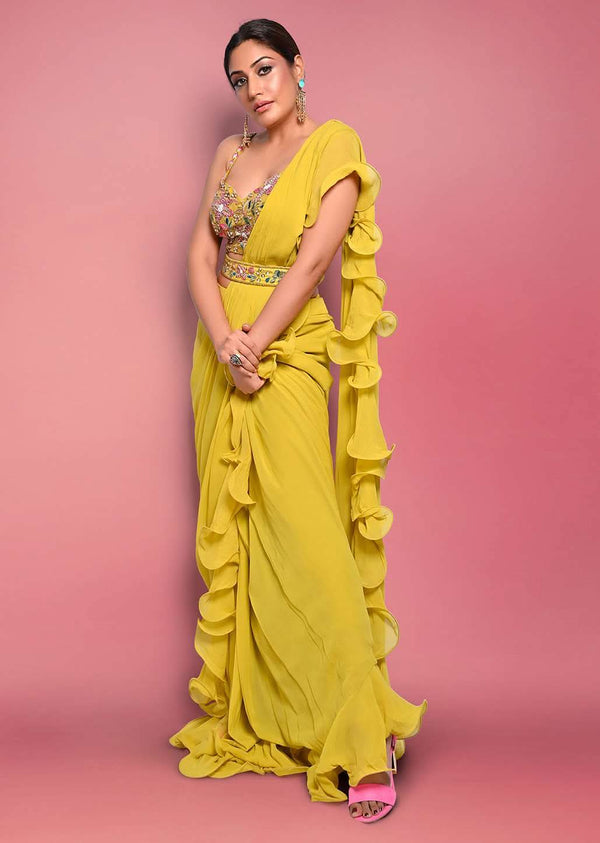 Citrus Ready To Wear Ruffle Saree With Multi-Color Floral Hand Embroidered Blouse