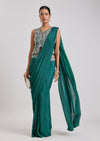 Teal Green Ready Pleated Saree With Stitched Blouse