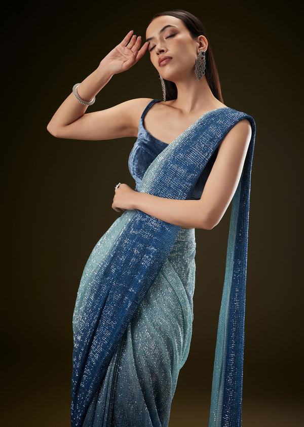 Teal Ombre Sequence Ready To Wear Saree With Velvet Blouse