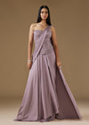 Violet Satin Ready Pleated Saree With Embroidered Corset Blouse