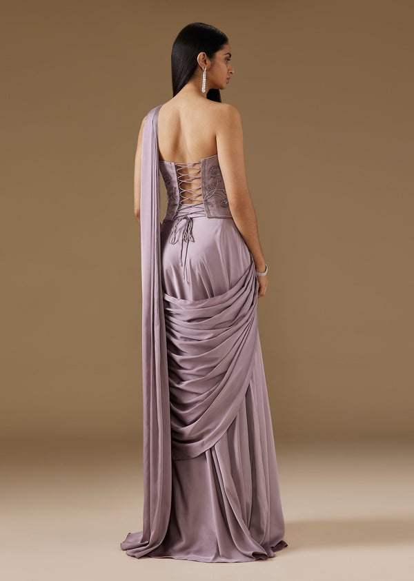 Violet Satin Ready Pleated Saree With Embroidered Corset Blouse