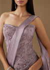 Violet Satin Ready Pleated Saree With Embroidered Corset Blouse