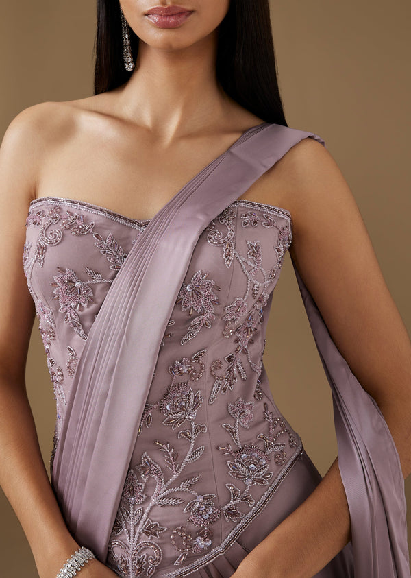 Violet Satin Ready Pleated Saree With Embroidered Corset Blouse