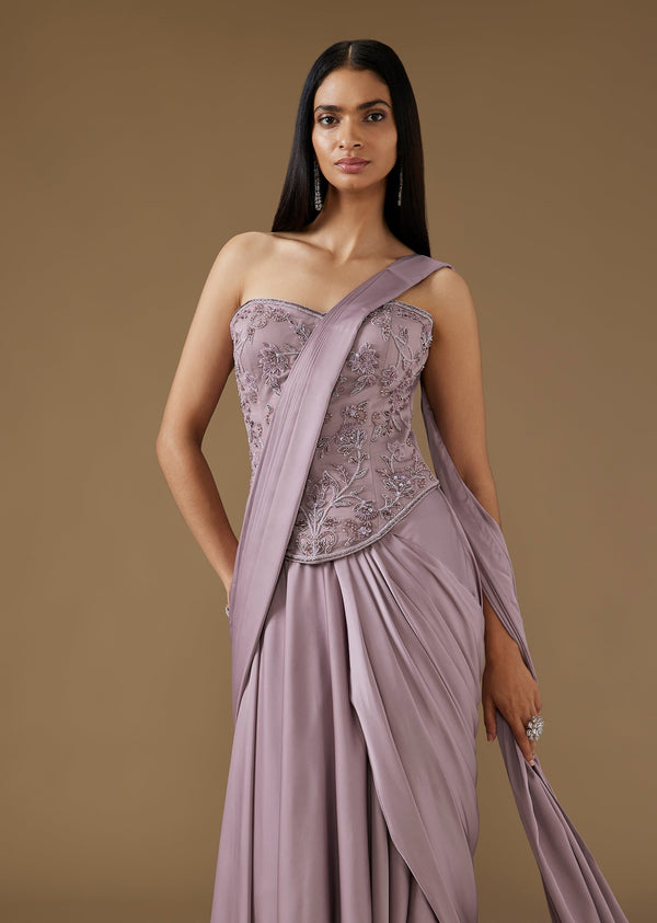 Violet Satin Ready Pleated Saree With Embroidered Corset Blouse