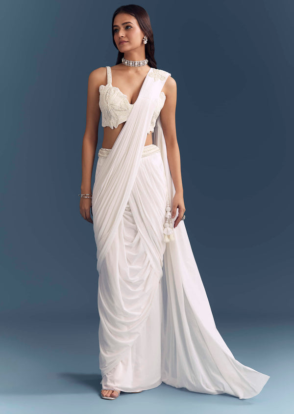 White Lycra Ready Pleated Saree With Intricate Hand Embroidery