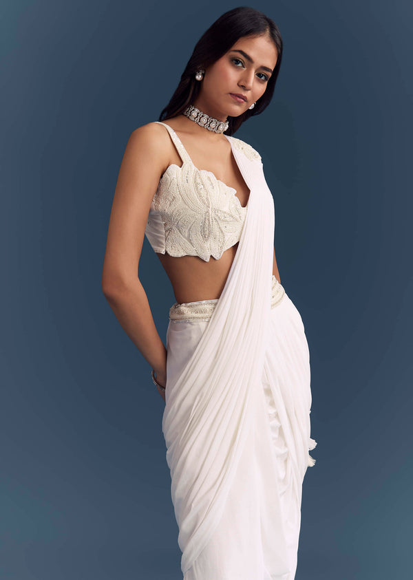 White Lycra Ready Pleated Saree With Intricate Hand Embroidery