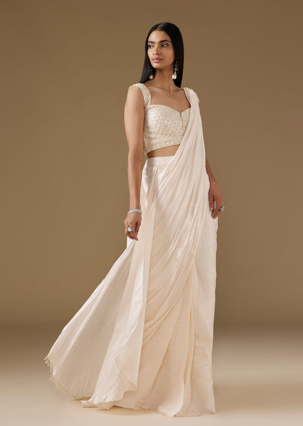 White Organza Ready Pleated Saree With Embroidered Blouse