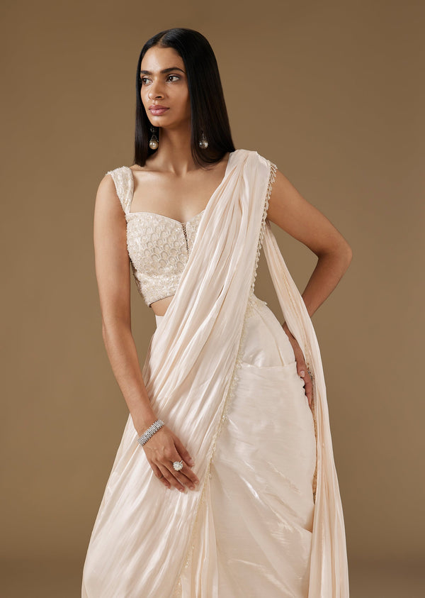 White Organza Ready Pleated Saree With Embroidered Blouse