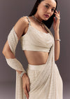 White Pre Draped Saree With Crystal Work And Cowl Blouse