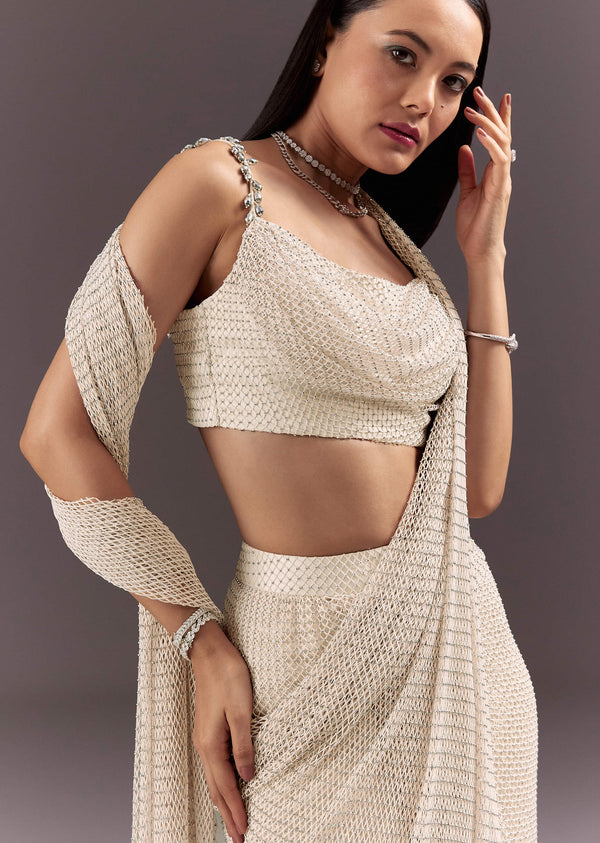 White Pre Draped Saree With Crystal Work And Cowl Blouse