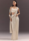 White Pre Draped Saree With Crystal Work And Cowl Blouse