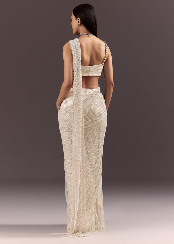 White Pre Draped Saree With Crystal Work And Cowl Blouse