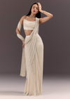 White Pre Draped Saree With Crystal Work And Cowl Blouse