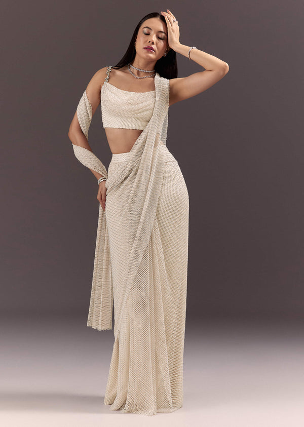 White Pre Draped Saree With Crystal Work And Cowl Blouse