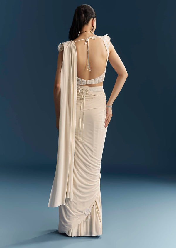 White Ready Pleated Saree With Cutdana Work