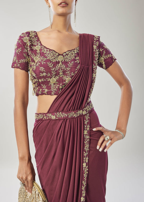 Wine Ready Pleated Saree With Belt