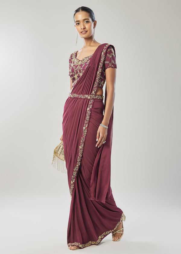 Wine Ready Pleated Saree With Belt