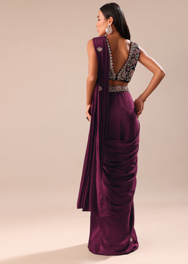 Wine Embroidered Pre Stitched Saree With Blouse