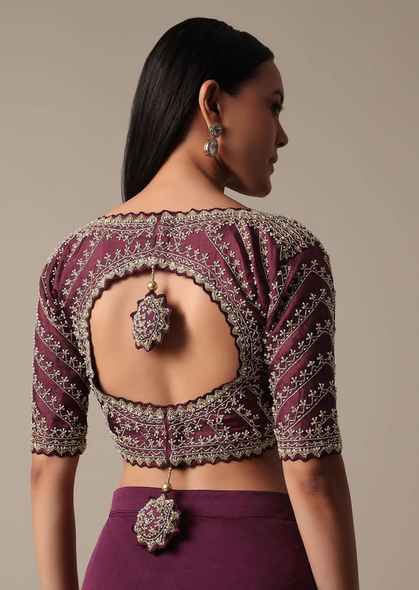 Wine Readymade Saree With Embellished Blouse