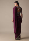 Wine Readymade Saree With Embellished Blouse
