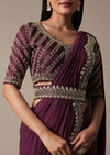 Wine Readymade Saree With Embellished Blouse