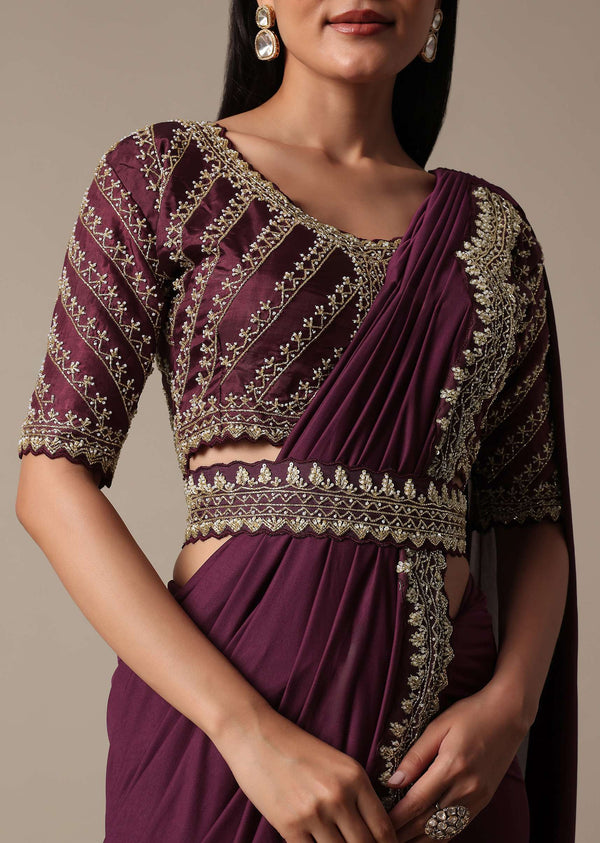 Wine Readymade Saree With Embellished Blouse