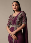 Wine Readymade Saree With Embellished Blouse