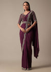 Wine Readymade Saree With Embellished Blouse