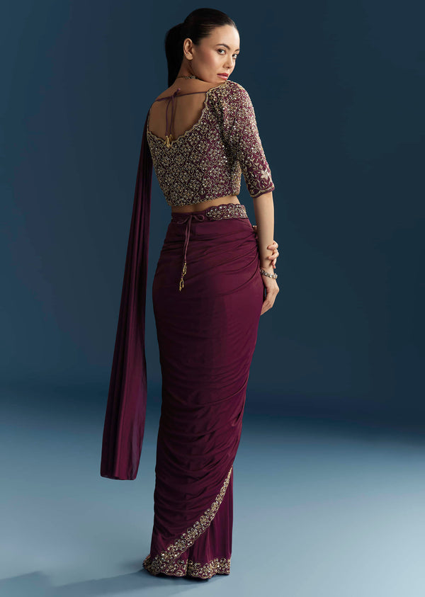Wine Lycra Ready Pleated Saree With Cutdana Work