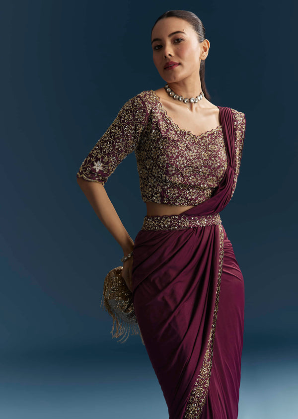 Wine Lycra Ready Pleated Saree With Cutdana Work