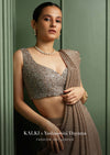 Wood Smoke Ready-Pleated Saree In Shimmer Crush, Paired With The Crop Top In Sleeveless With A Sweetheart Neckline
