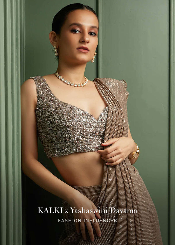 Wood Smoke Ready-Pleated Saree In Shimmer Crush, Paired With The Crop Top In Sleeveless With A Sweetheart Neckline