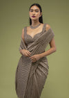 Wood Smoke Ready-Pleated Saree In Shimmer Crush, Paired With The Crop Top In Sleeveless With A Sweetheart Neckline